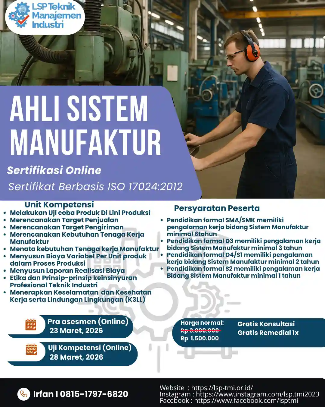Maret 2026 : SERTIFIKASI AHLI SISTEM MANUFAKTUR