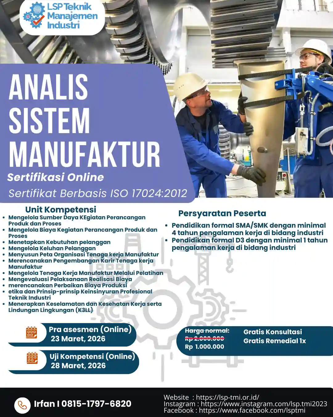 Maret 2026 : SERTIFIKASI ANALIS SISTEM MANUFAKTUR