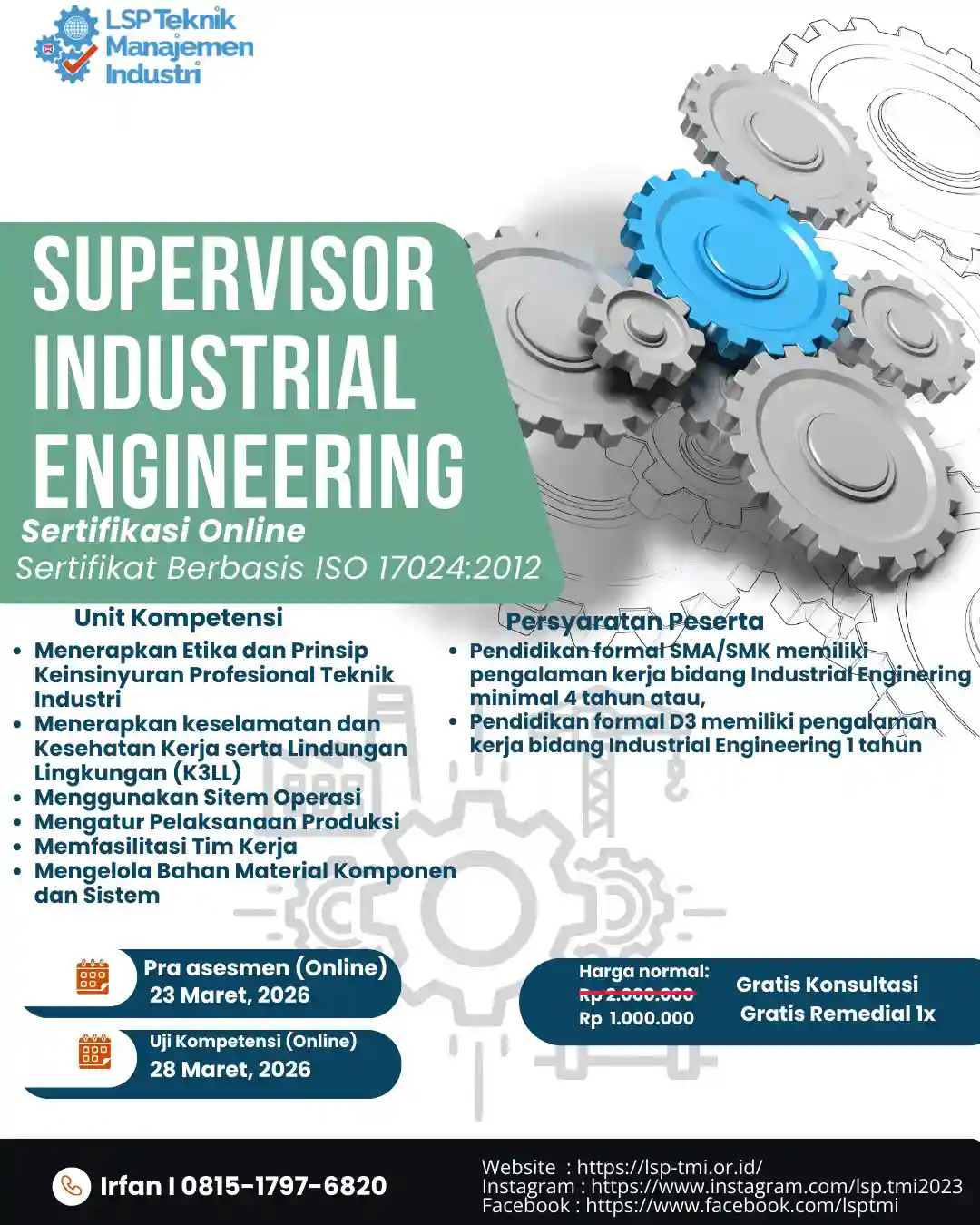 Maret 2026 : SERTIFIKASI SUPERVISOR INDUSTRIAL ENGINEERING