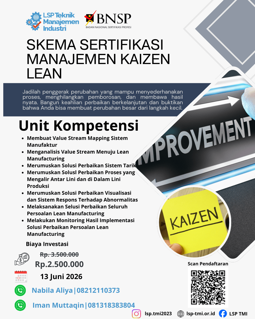 Juni 2026 :  Sertifikasi Manajemen Kaizen Lean