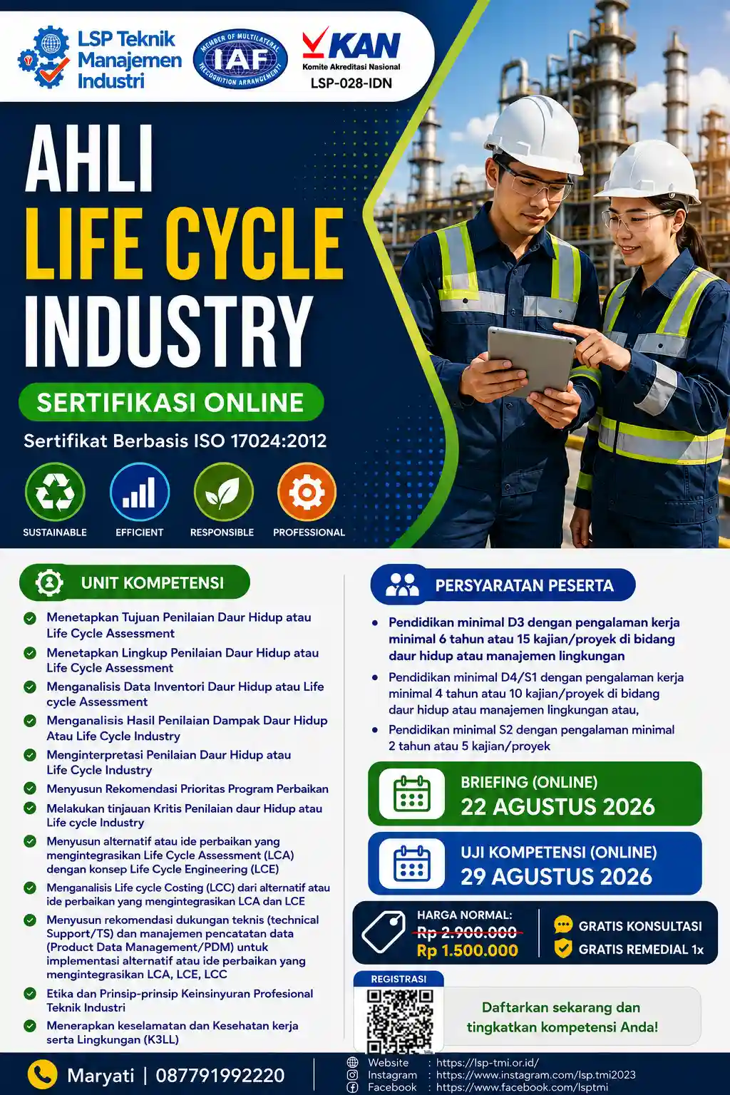 Agustus 2026 : SERTIFIKASI AHLI LIFE CYCLE INDUSTRY