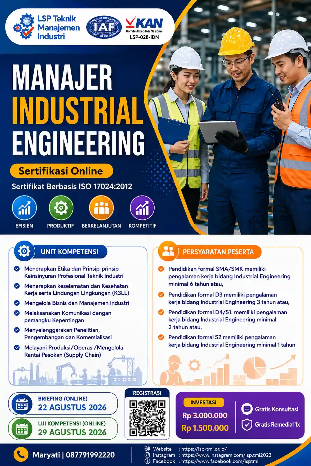 Agustus 2026 : SERTIFIKASI MANAJER INDUSTRIAL ENGINEERING